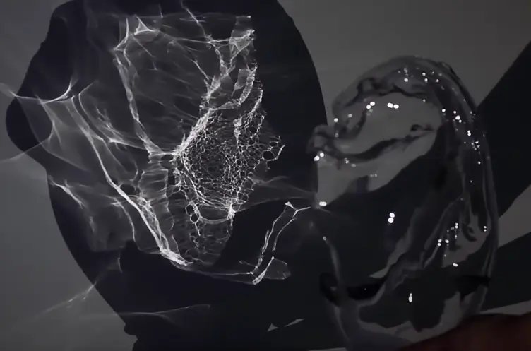 An abstract, wispy form composed of intermingling streaks of black and white, creating a flowing and ethereal visual.