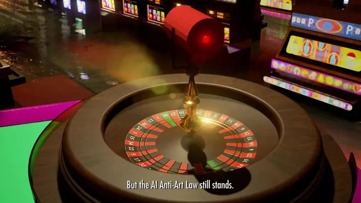 A roulette wheel in a casino setting with a large red camera pointing at it and the caption “But the AI Anti-Art Law still stands.”