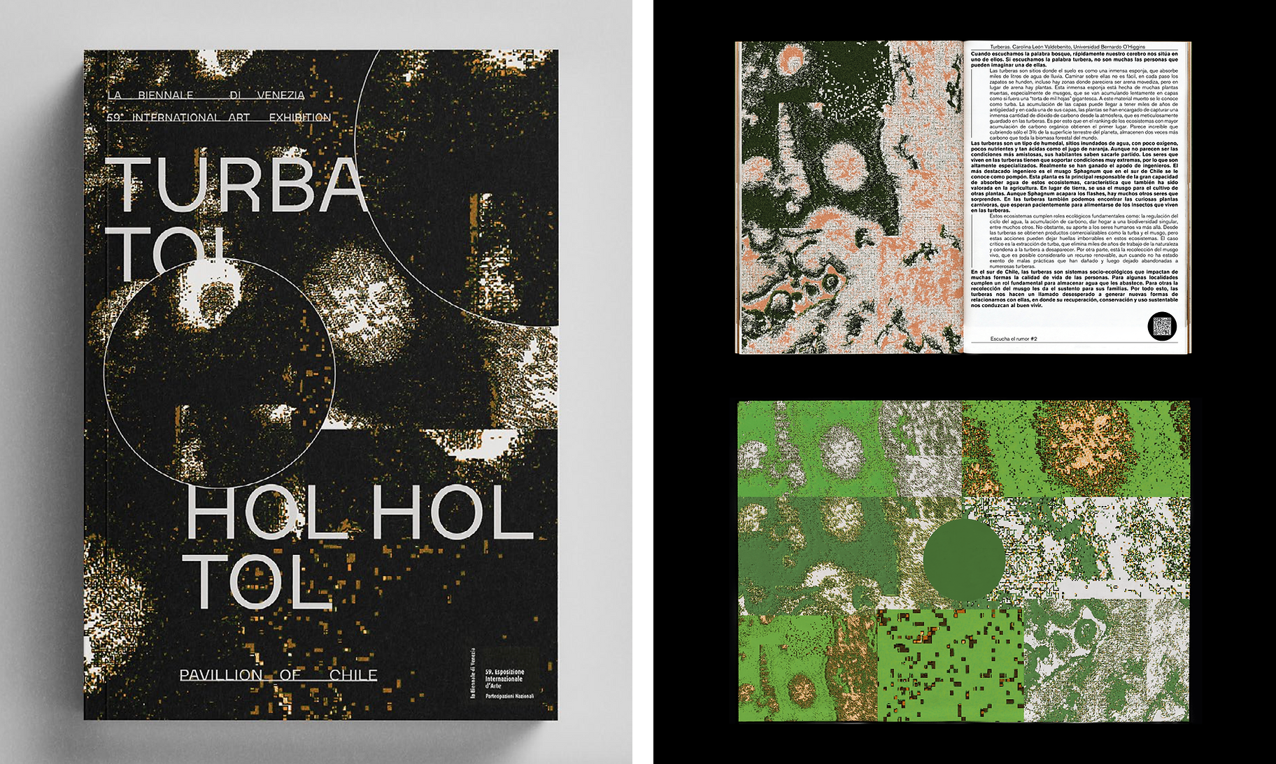 Chilean Pavilion booklet cover and inside spreads showcasing textural maps and ecological art.