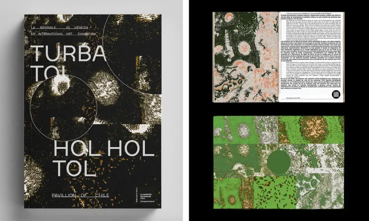 Chilean Pavilion booklet cover and inside spreads showcasing textural maps and ecological art.
