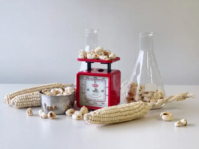 A scale, beakers, and husks of corn sit on a white table.
