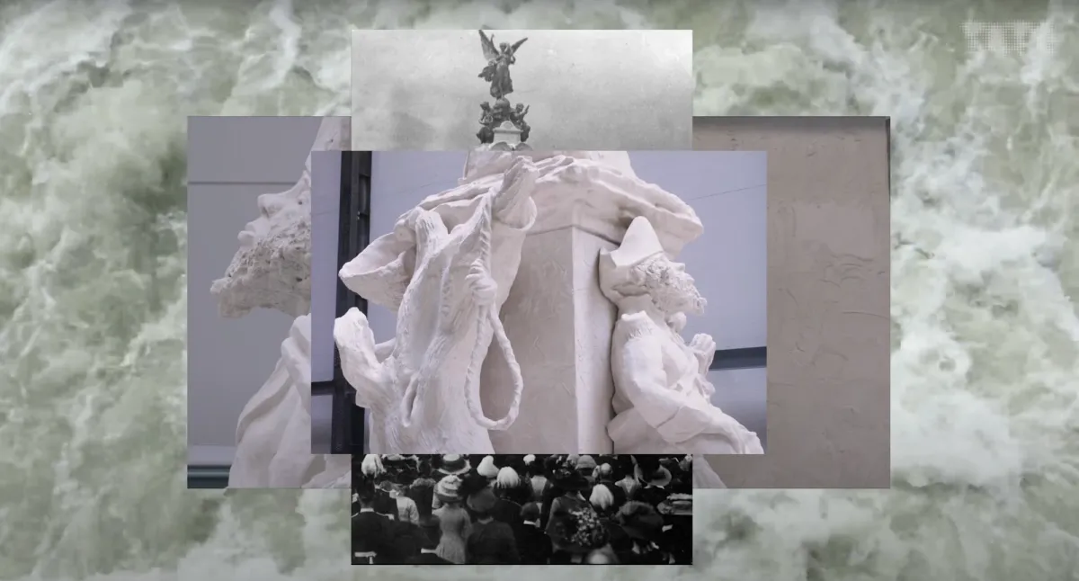 A collage showcasing different angles of a grand white sculpture named 'Fons Americanus', part of the Hyundai Commission by Kara Walker.