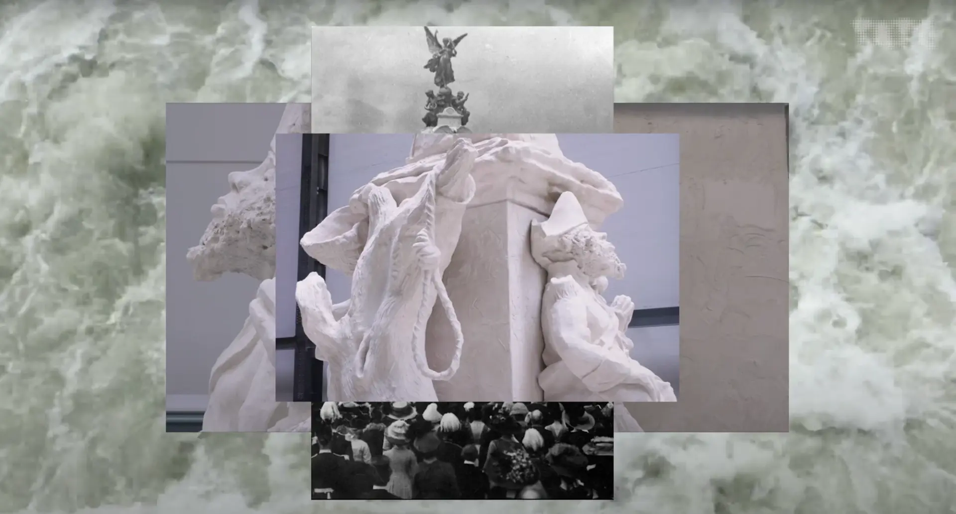 A collage showcasing different angles of a grand white sculpture named 'Fons Americanus', part of the Hyundai Commission b...