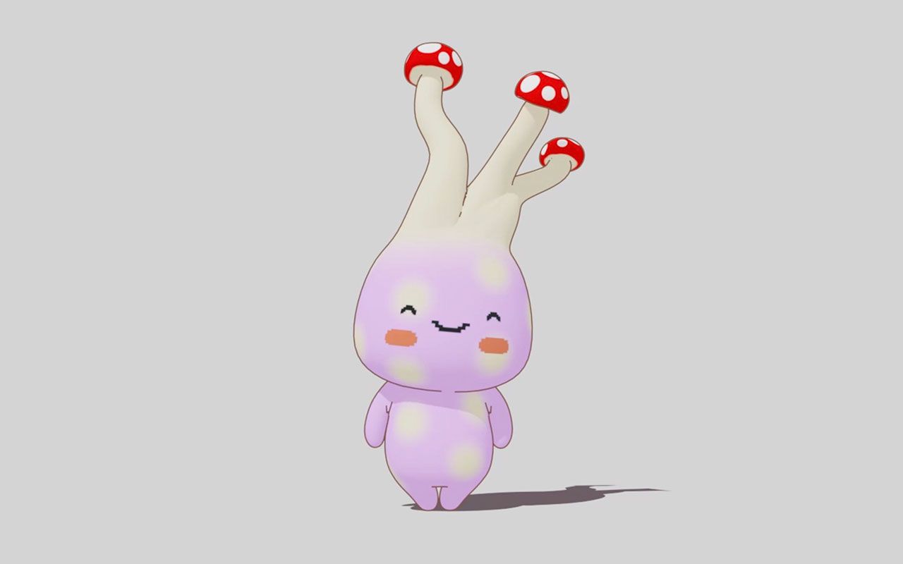 A purple cartoon character smiling, adorned with three red mushrooms on its head.
