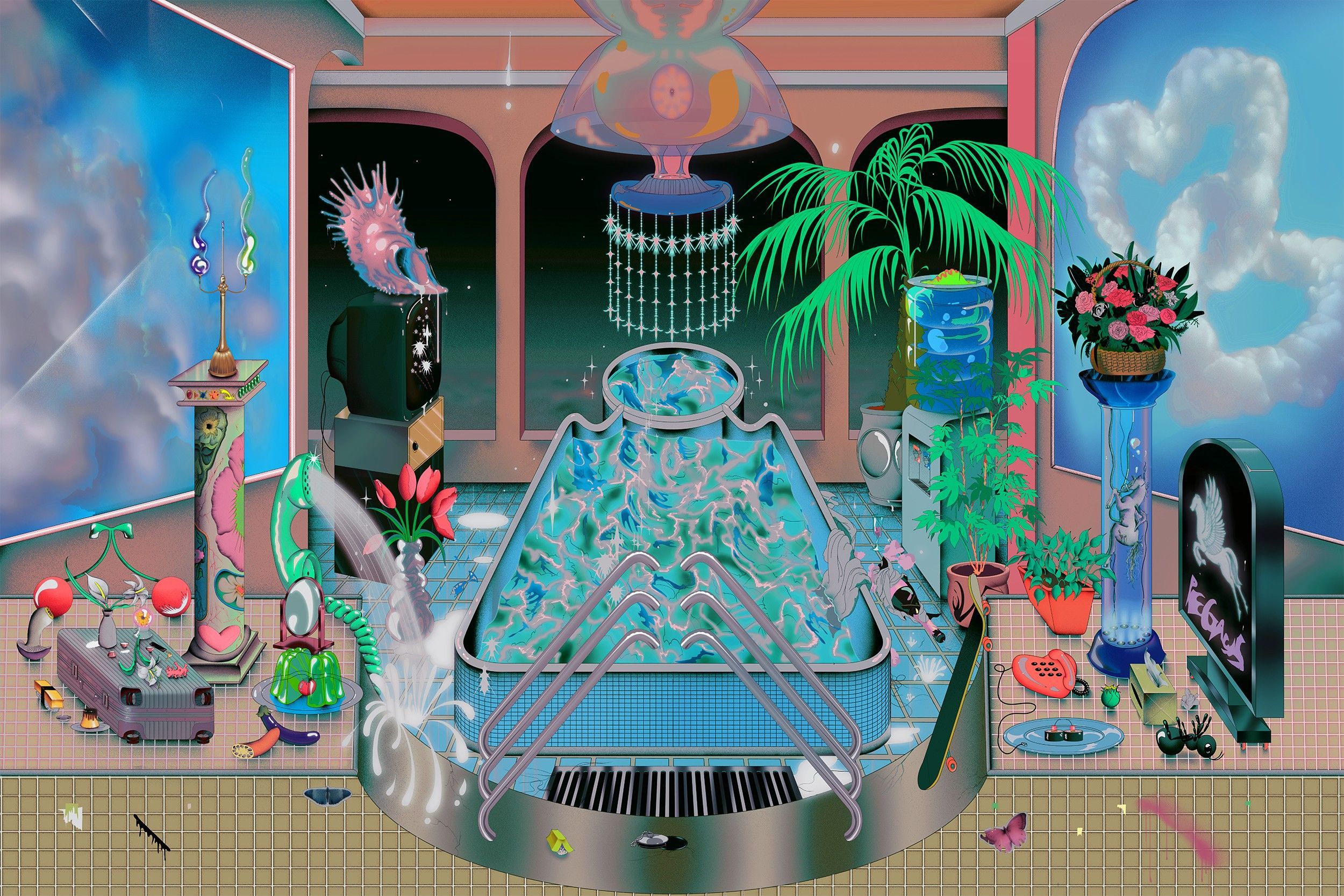 A crowded room featuring a central hot tub, a glowing TV, a pegasus decoration, multiple house plants, a chandelier, and a telephone repurposed as a showerhead.