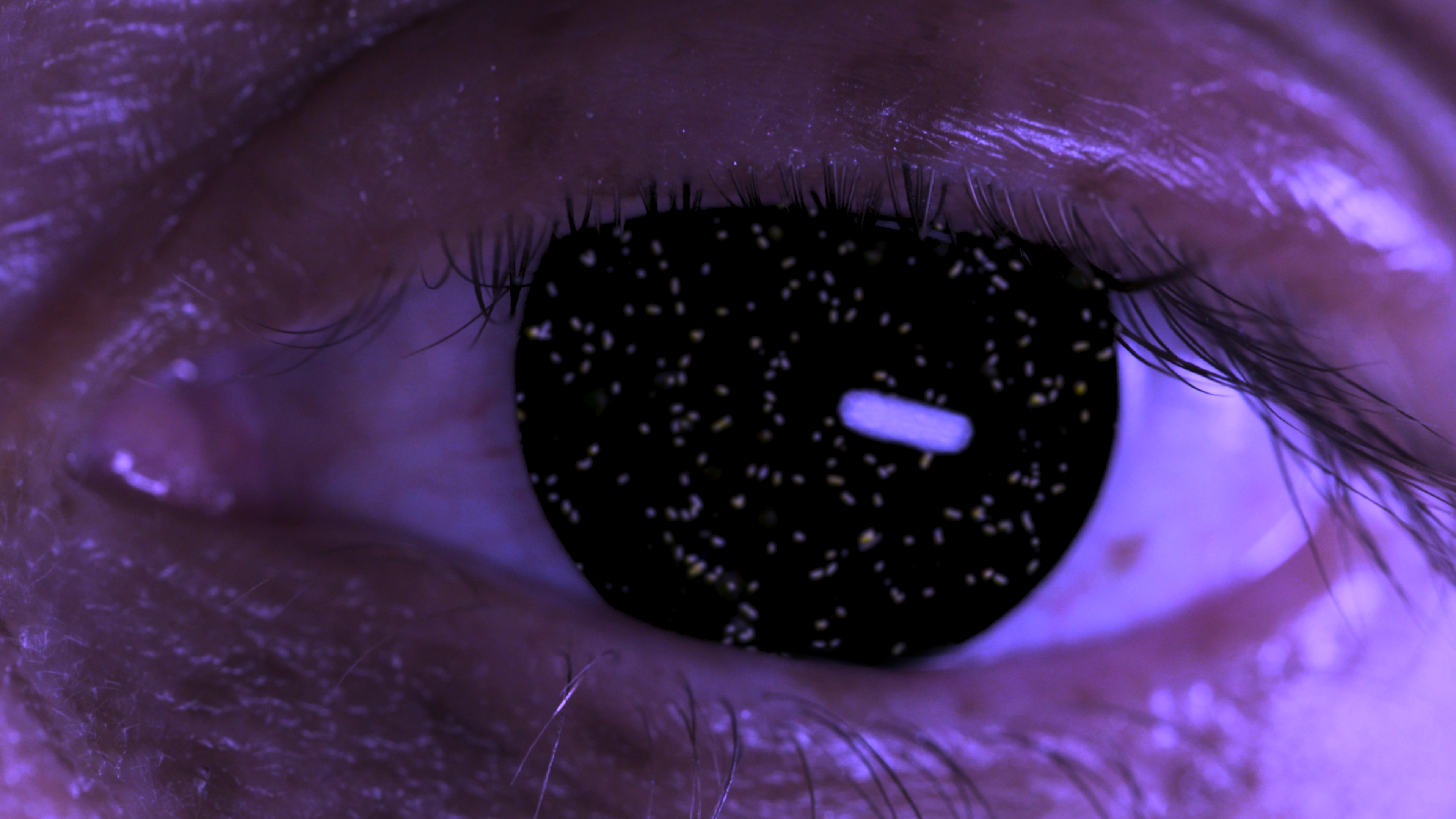 A close-up of an eye with a dark pupil filled with glowing specks resembling stars.