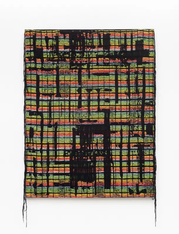 A colorful woven textile piece with black grid-like lines and vibrant horizontal stripes.