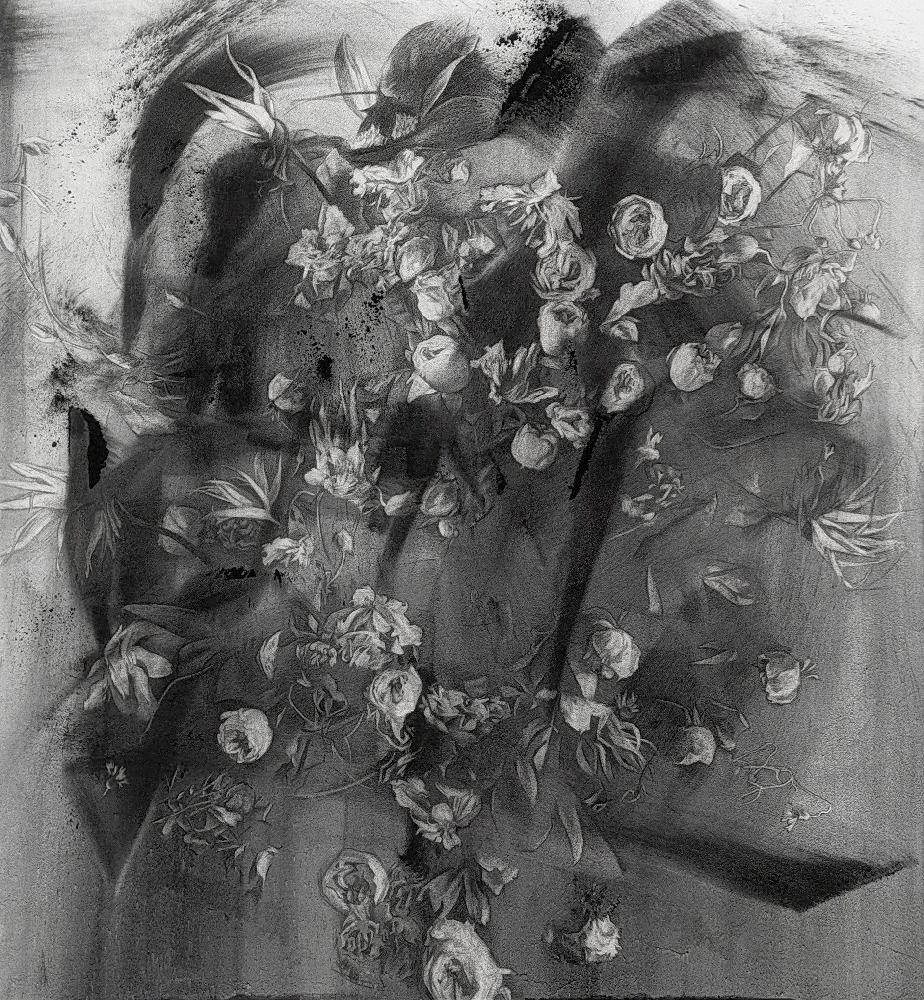 Black and white charcoal drawing of flowers overlaid on a softly blurred human figure with expressive dark smudges.