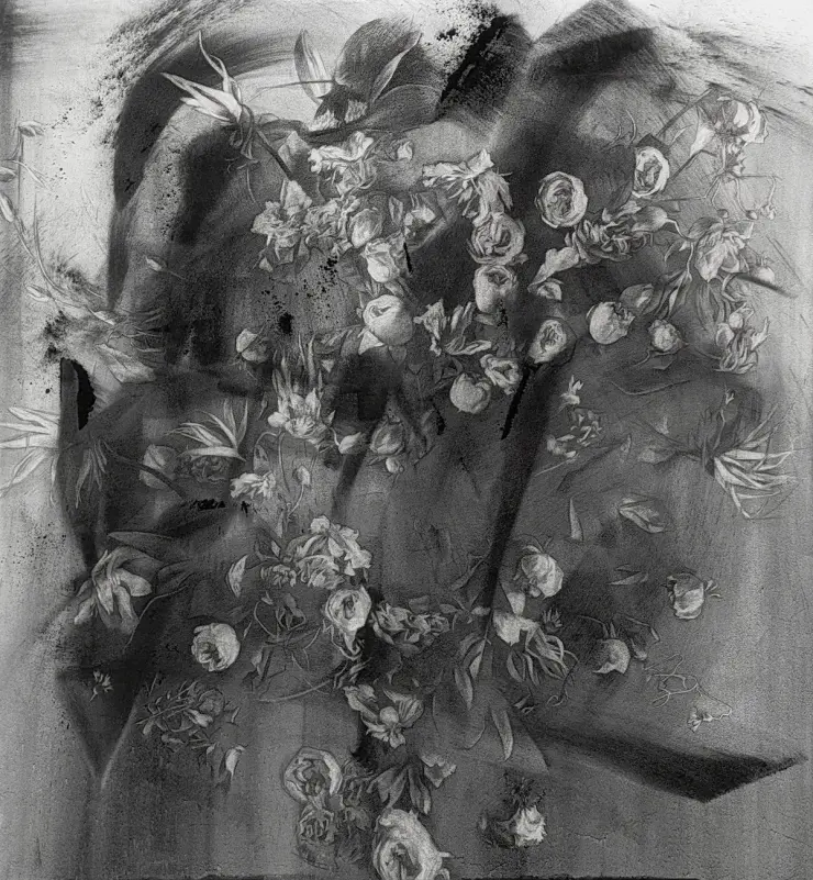 Black and white charcoal drawing of flowers overlaid on a softly blurred human figure with expressive dark smudges.