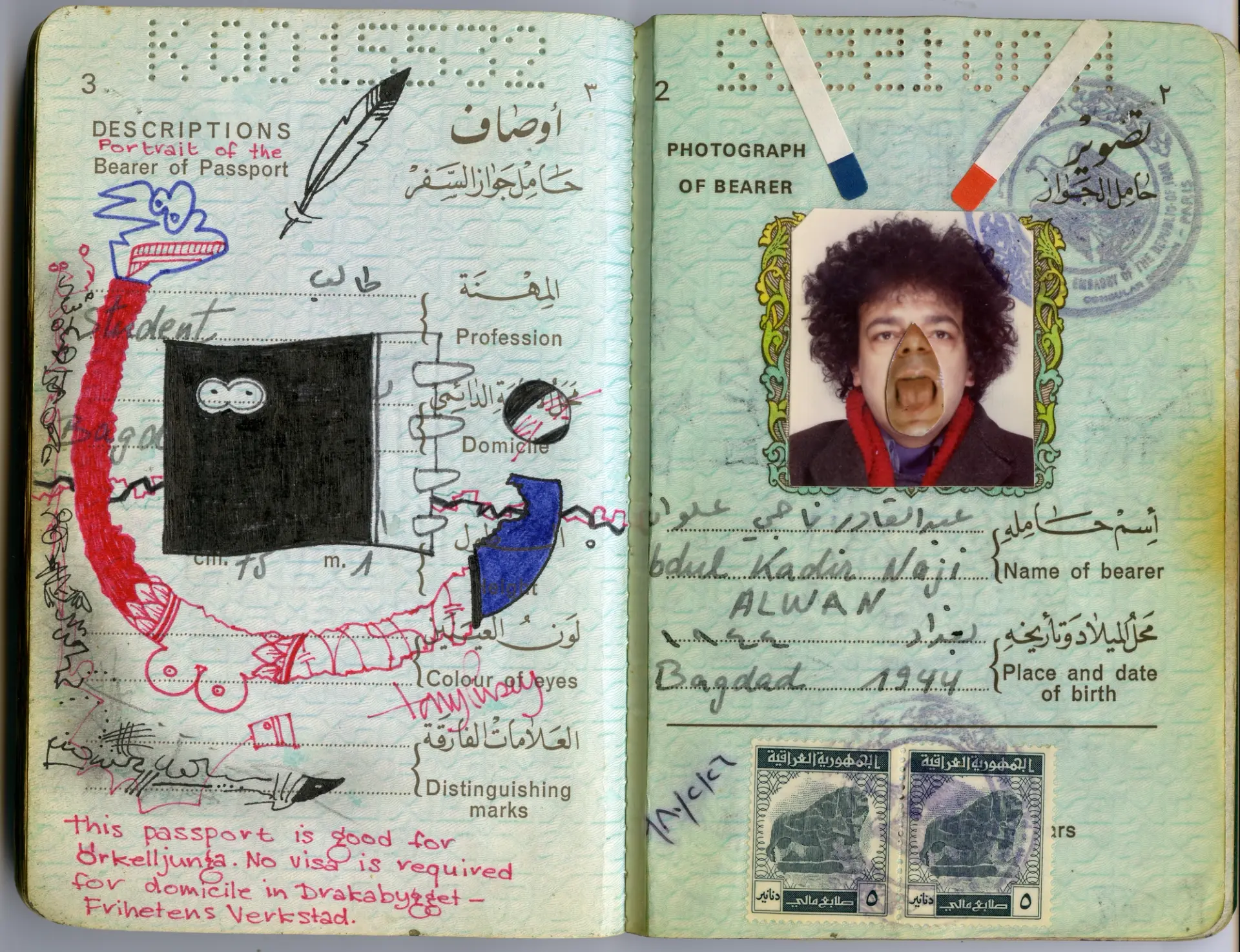 A passport with doodles and collaged possport photo.