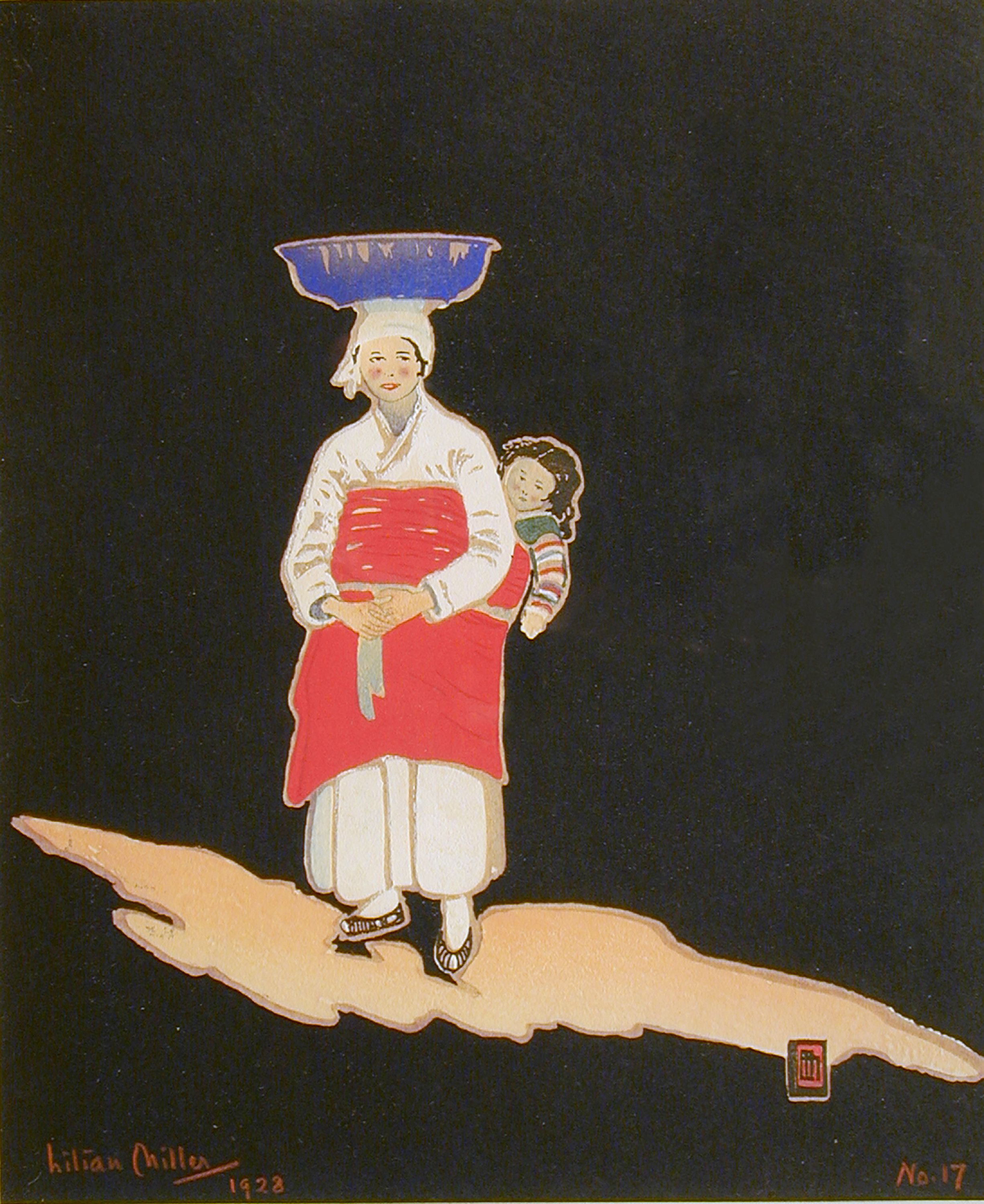 A woodblock print from 1928 titled 'Quaintness of Korea, no. 17' shows an illustration of a mother in traditional clothes ...