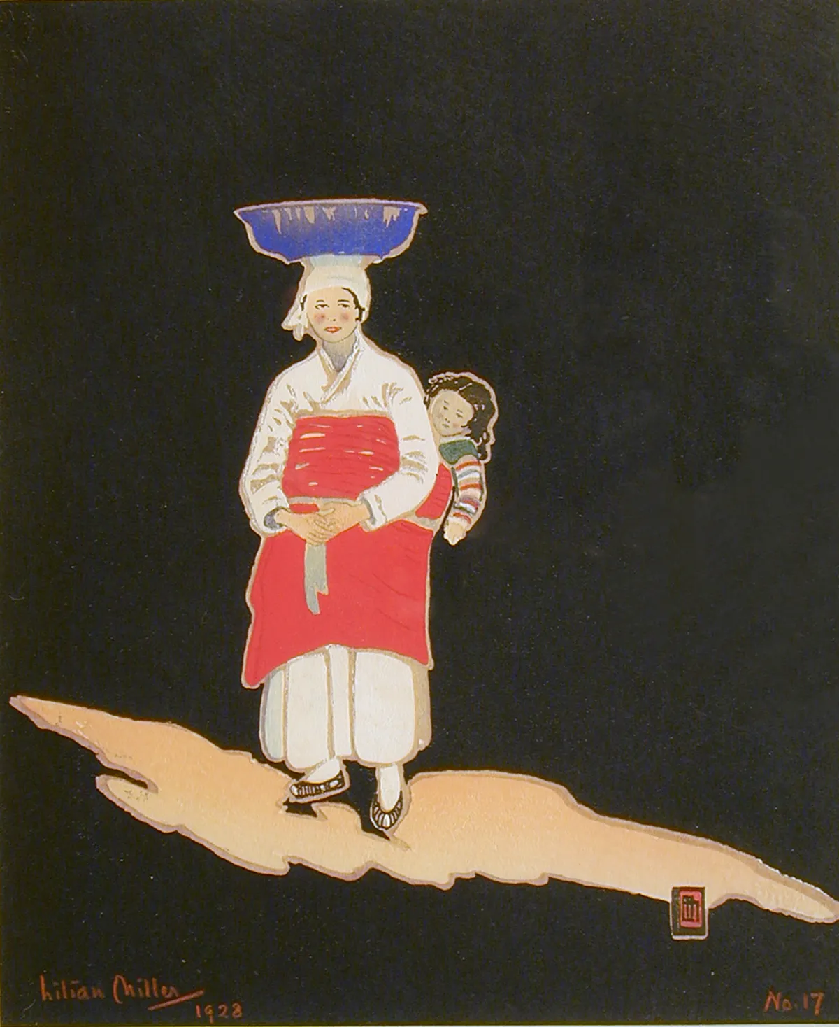 A woodblock print from 1928 titled 'Quaintness of Korea, no. 17' shows an illustration of a mother in traditional clothes carrying her baby on her back while balancing a blue wash basin on her head.