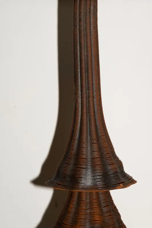 A close-up of a tall, sculpted object with a ribbed, organic texture in warm bronze tones.