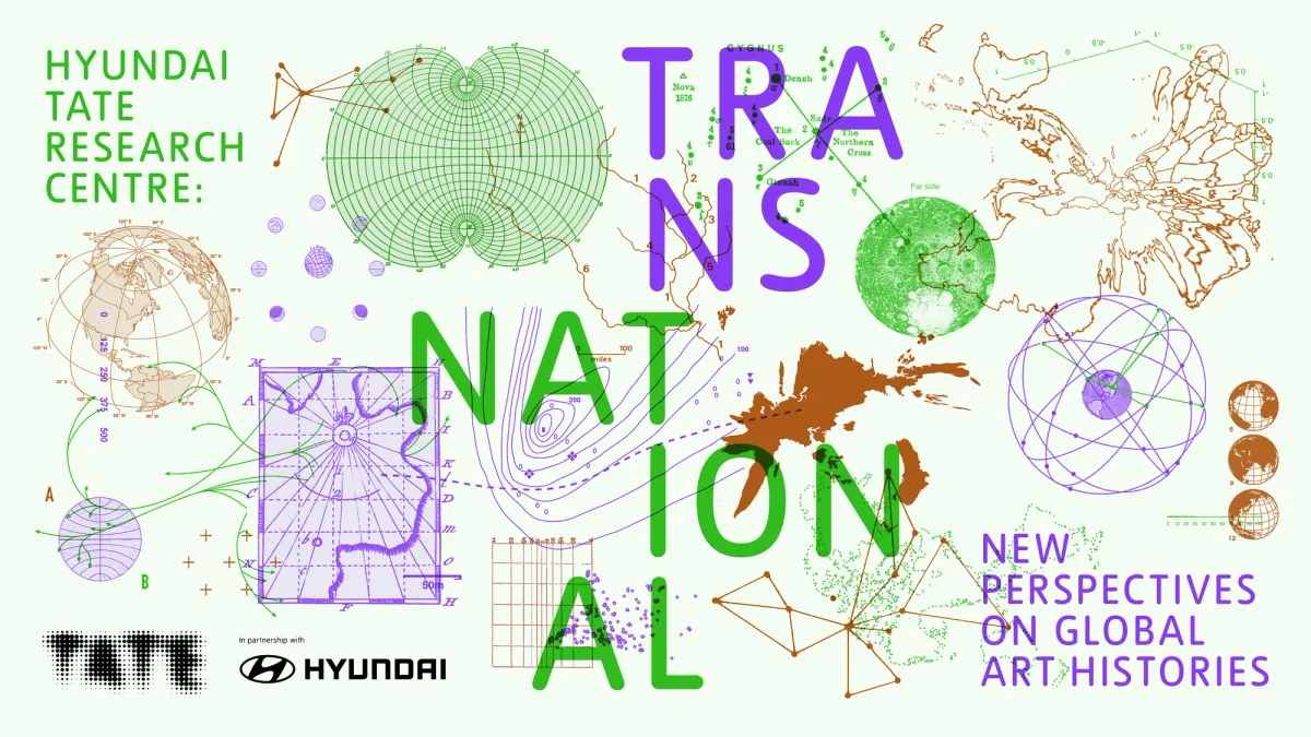 A colorful graphic featuring various map illustrations, overlaid with "Hyundai Tate Research Centre", "Transnational", and "New perspectives on global art histories" text, along with a Hyundai logo.
