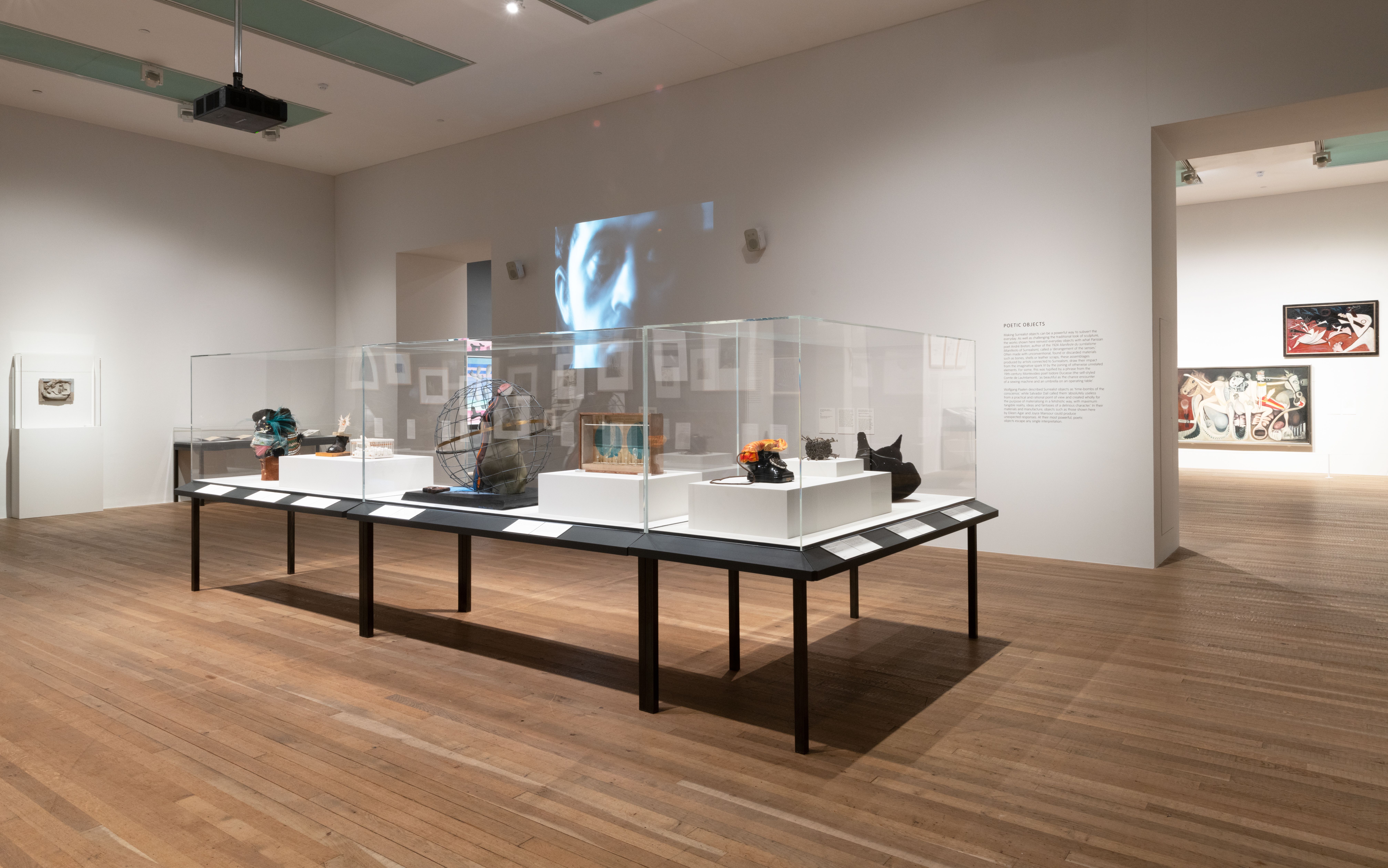 Artwork protected under glass on display in a gallery room with wooden flooring. A person's face is projected onto the wall.