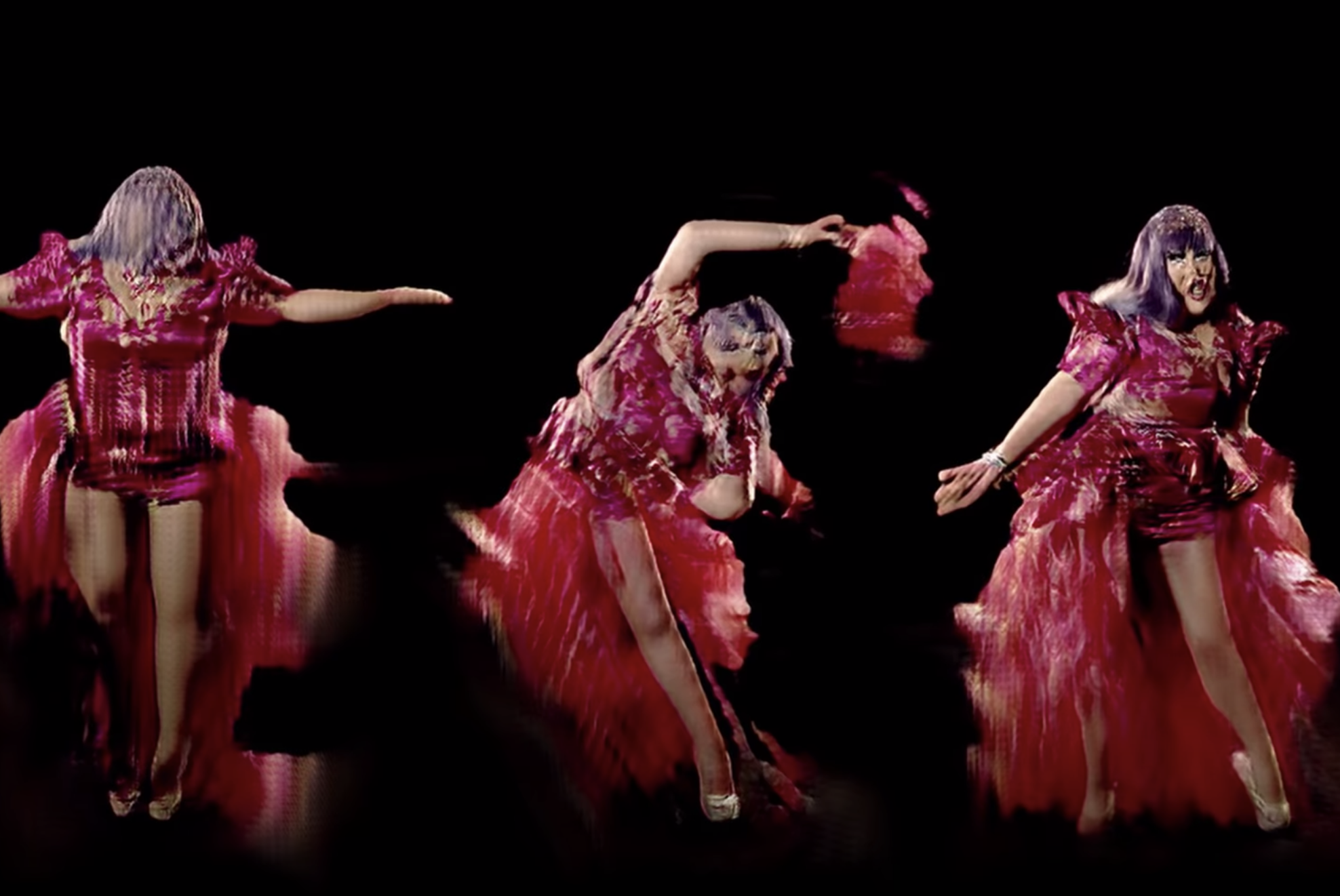 Three distinct photos of a drag queen in a vibrant red costume and purple wig arranged together against a black background.