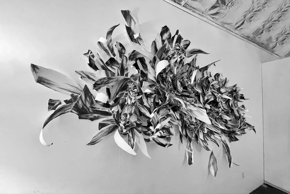 A 3D monochrome artwork comprised of graphite on paper hangs on a wall, resembling an abstract display of dry leaves and flowers.