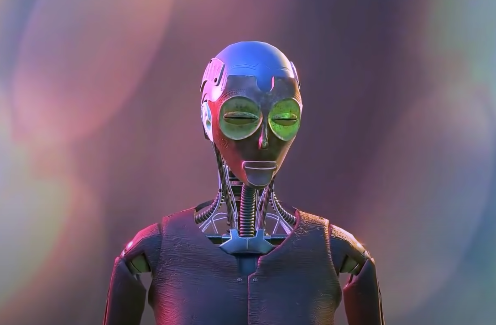 A silver humanoid robot with green accents around its eyes set against a gradient background transitioning from pink to li...