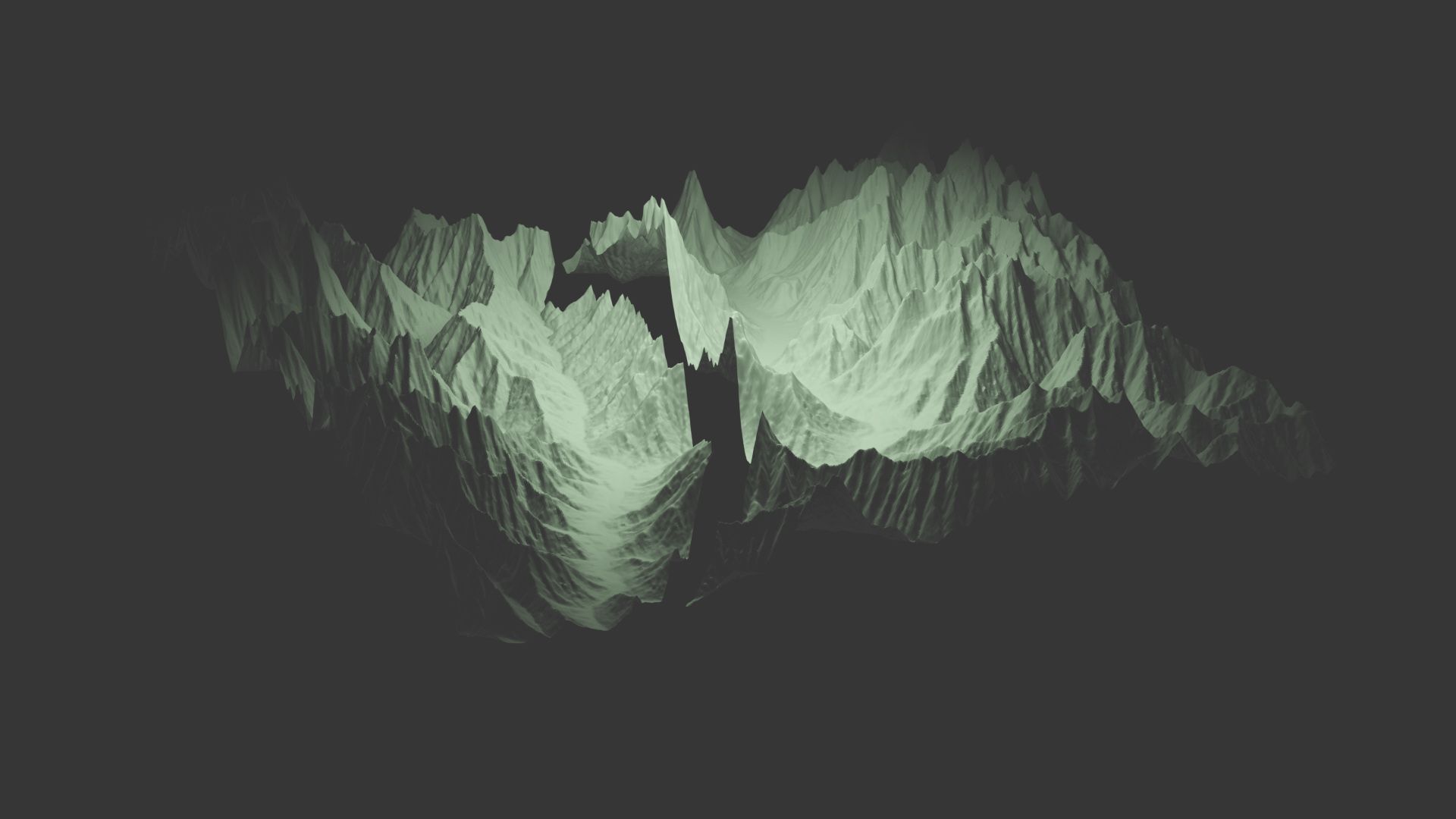 A topographic map of a green, 3D mountain severed by a dividing line, against a black background.