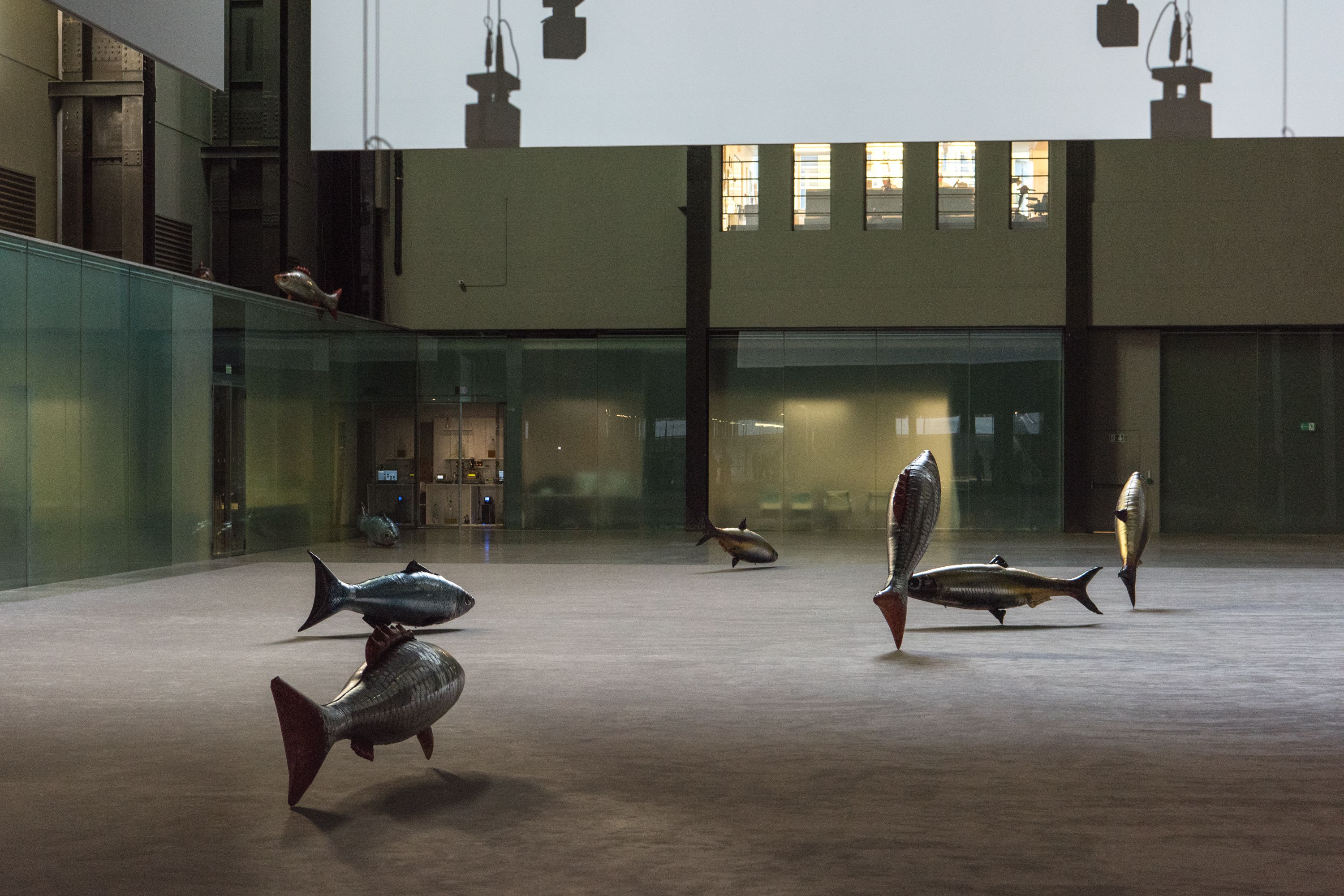 An art installation showcasing several fish sculptures, arranged in a visually appealing manner.