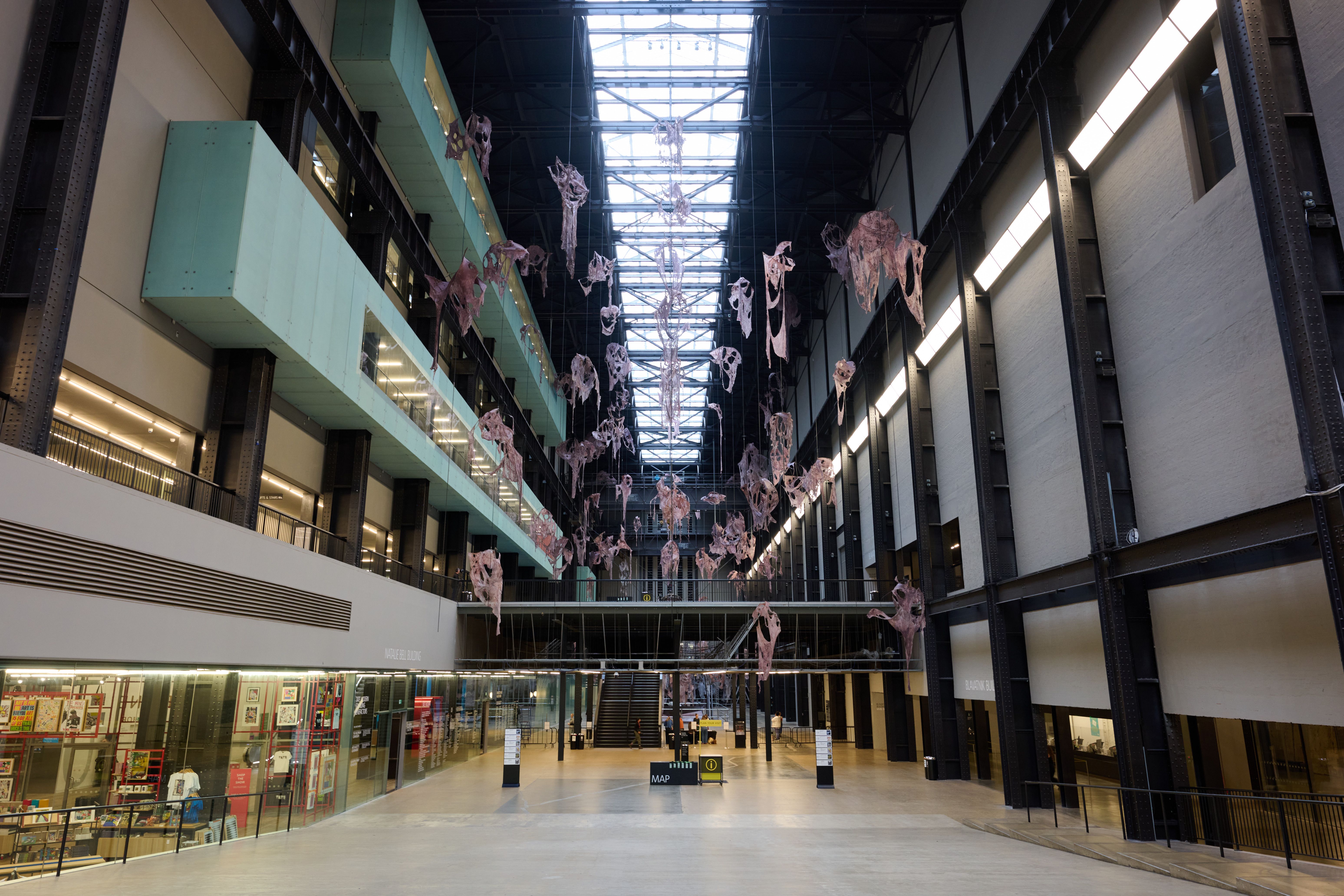 Wide view of industrial gallery space with hanging fleshy sculptures, large skylight overhead.