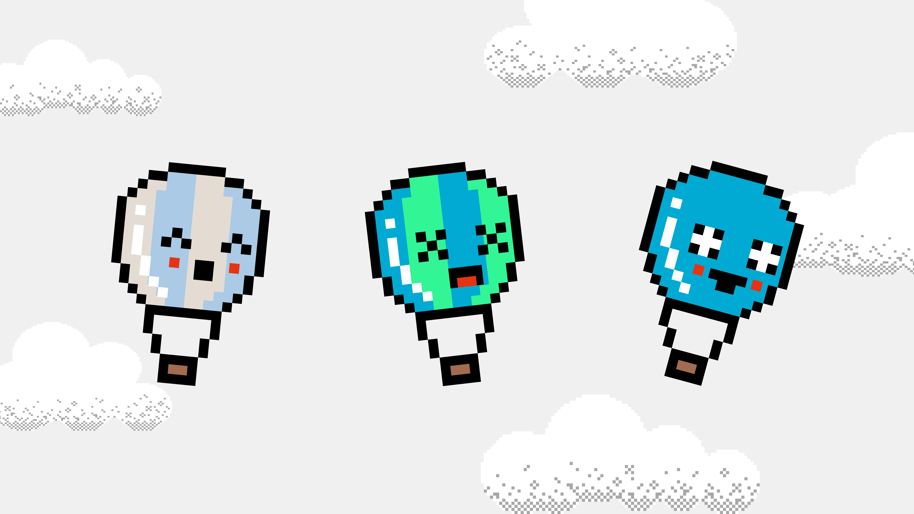 Three pixel-art hot air balloons with expressive faces float in a cloudy sky.
