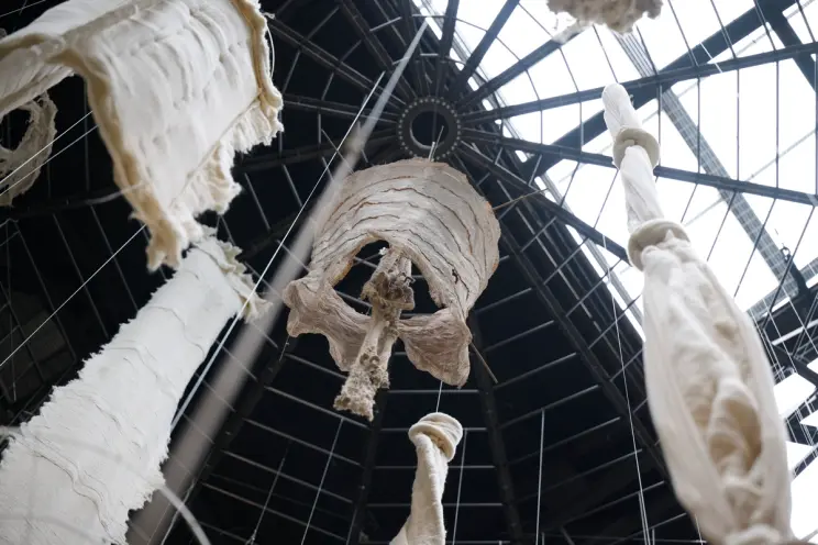 A symmetrical wind chime-inspired installation made of composite material hung from the ceiling, viewed from a worm's eye ...