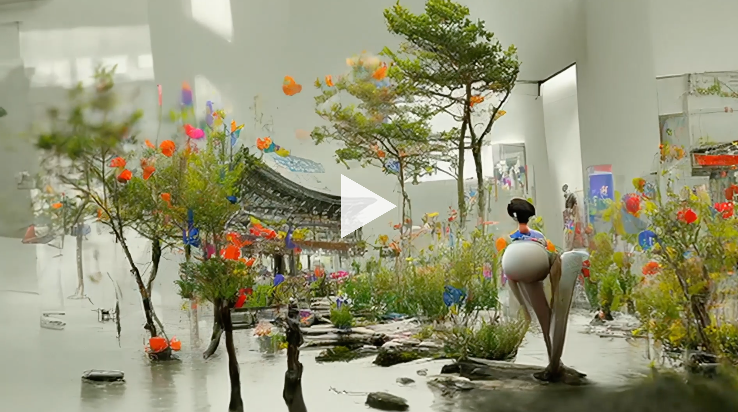A video of a digitally-rendered collage featuring a serene indoor botanical garden scene.