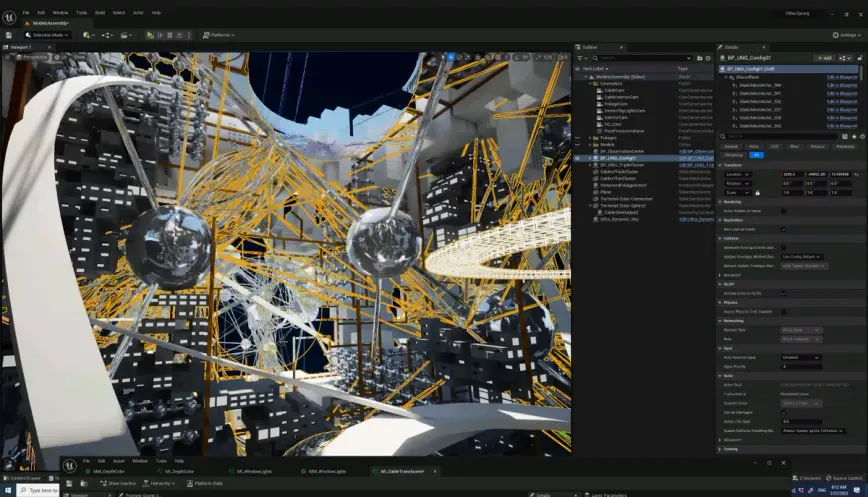 A screenshot of a digital editing tool in action, working on an image of two silver spheres enveloped by yellow lines, set...