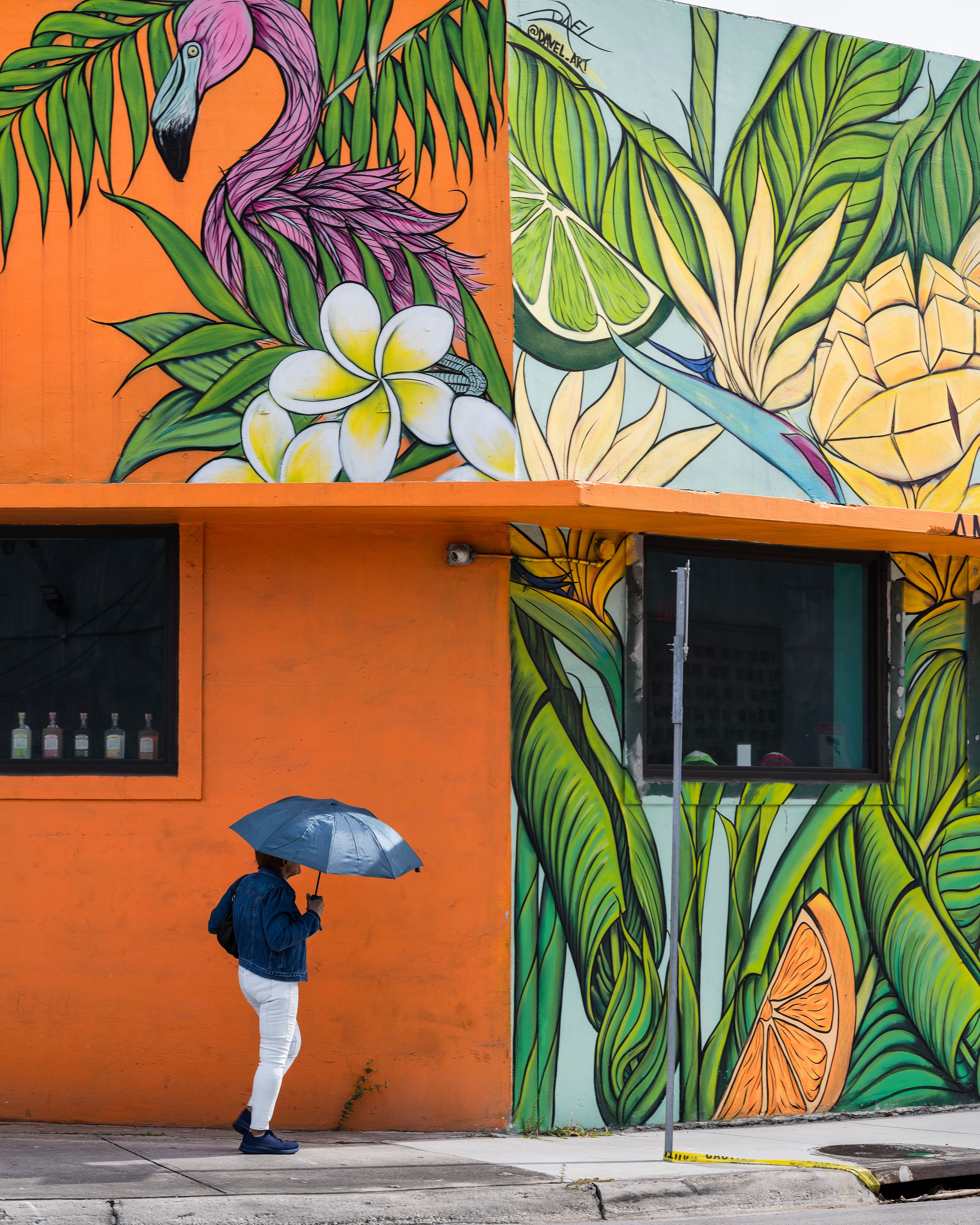 Orange building with vibrant tropical mural, person with umbrella.