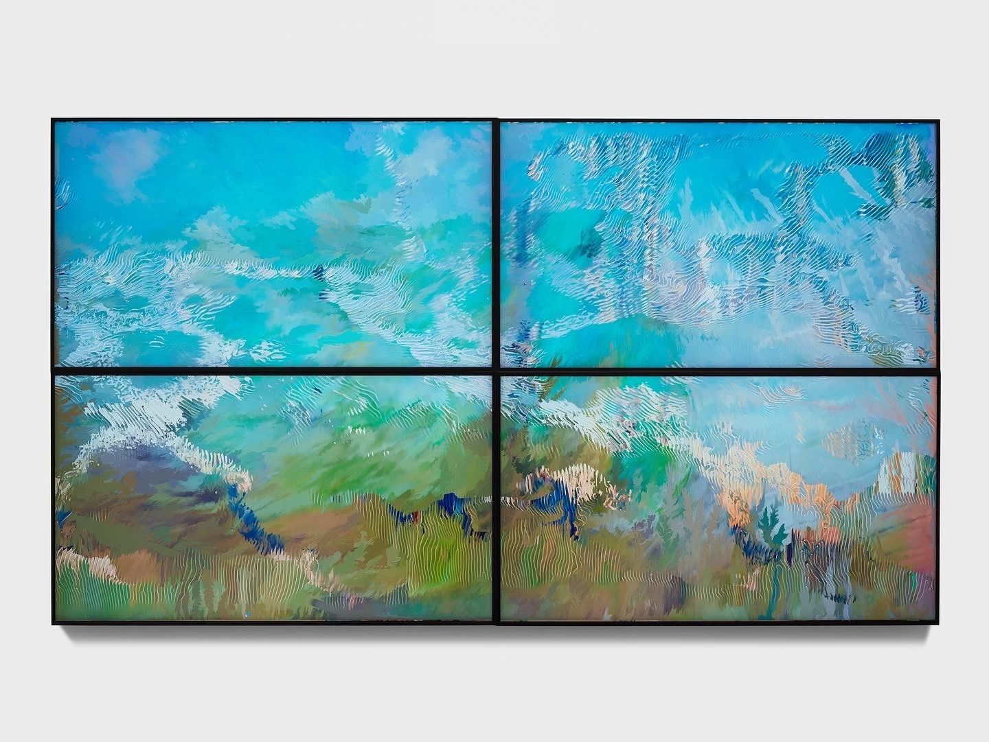 An artwork depicts an abstract scene in a gridded frame.
