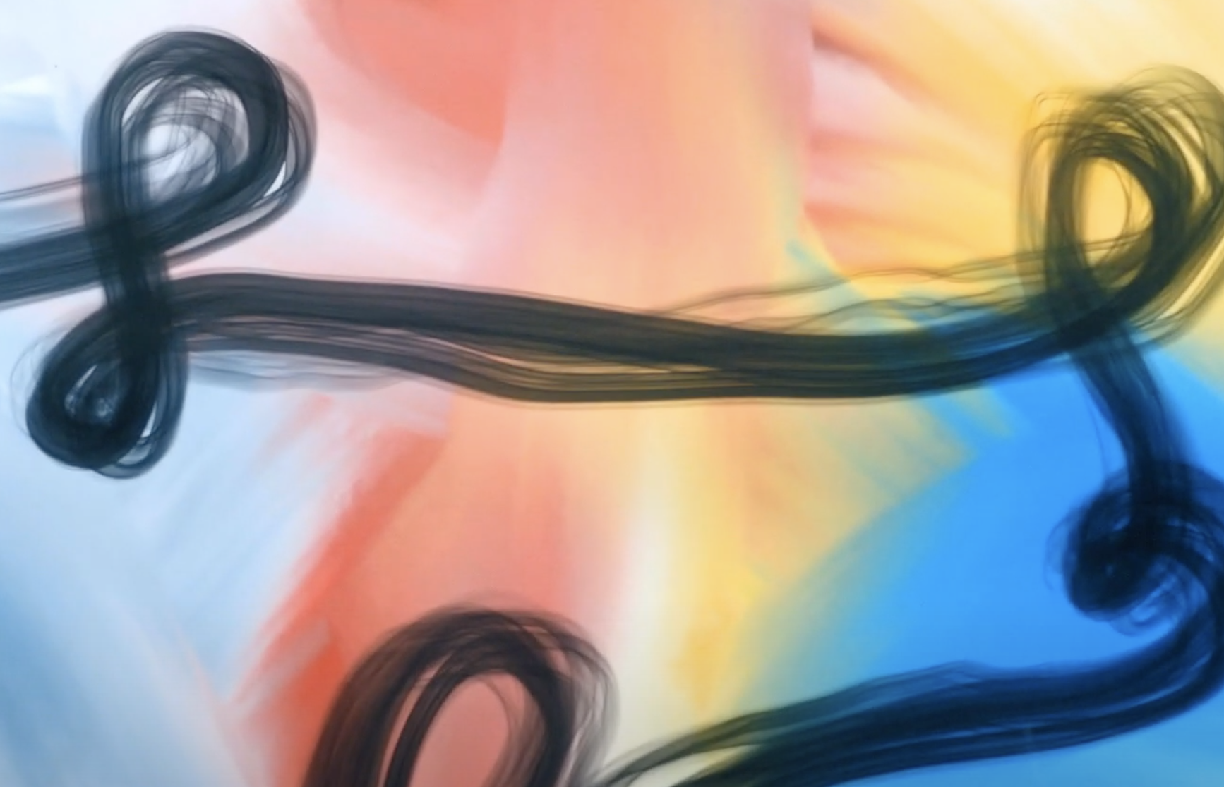 A vividly colorful background with strokes of blues, pinks, and yellows, overlaid with complex, abstract black lines that ...