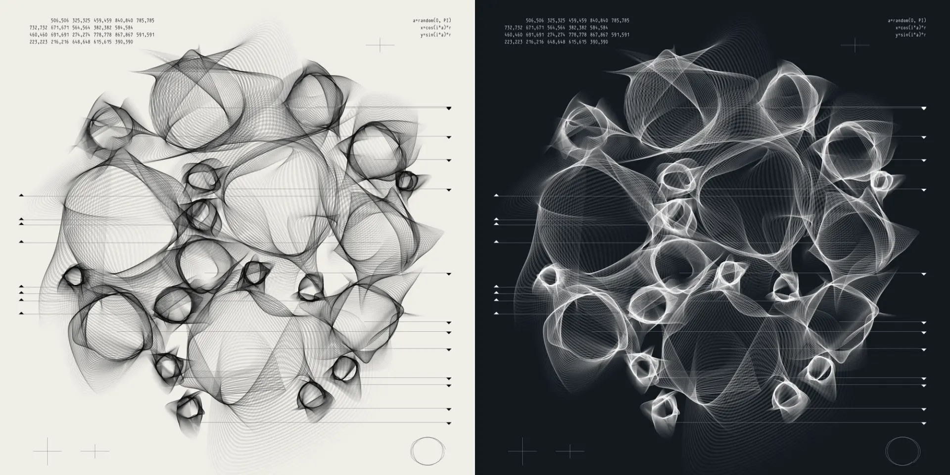 A detailed mathematical diagram with intersecting lines, circles and squares, displayed over a Constructivist design, signifying Aleksandra Jovanić's gm.gen.math, 2022.