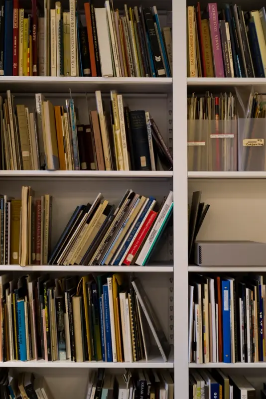 A close-up of white bookshelves filled with art books, exhibition catalogues, and clear file boxes labeled by hand. Spines of books are arranged upright and at angles, creating a textured, archival feel.