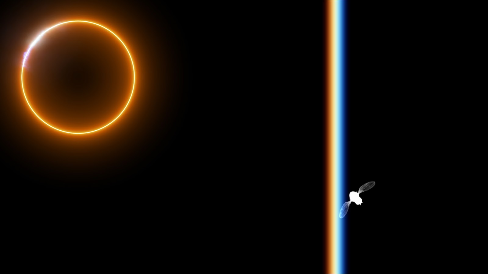 A video still featuring a white silhouette of a fly, a vertical bright line, and an orange glowing circle to the left.