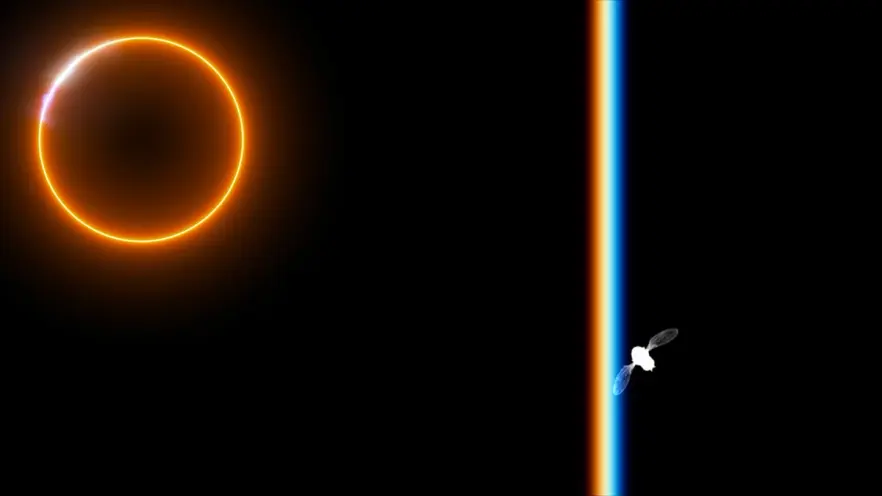 A video still featuring a white silhouette of a fly, a vertical bright line, and an orange glowing circle to the left.