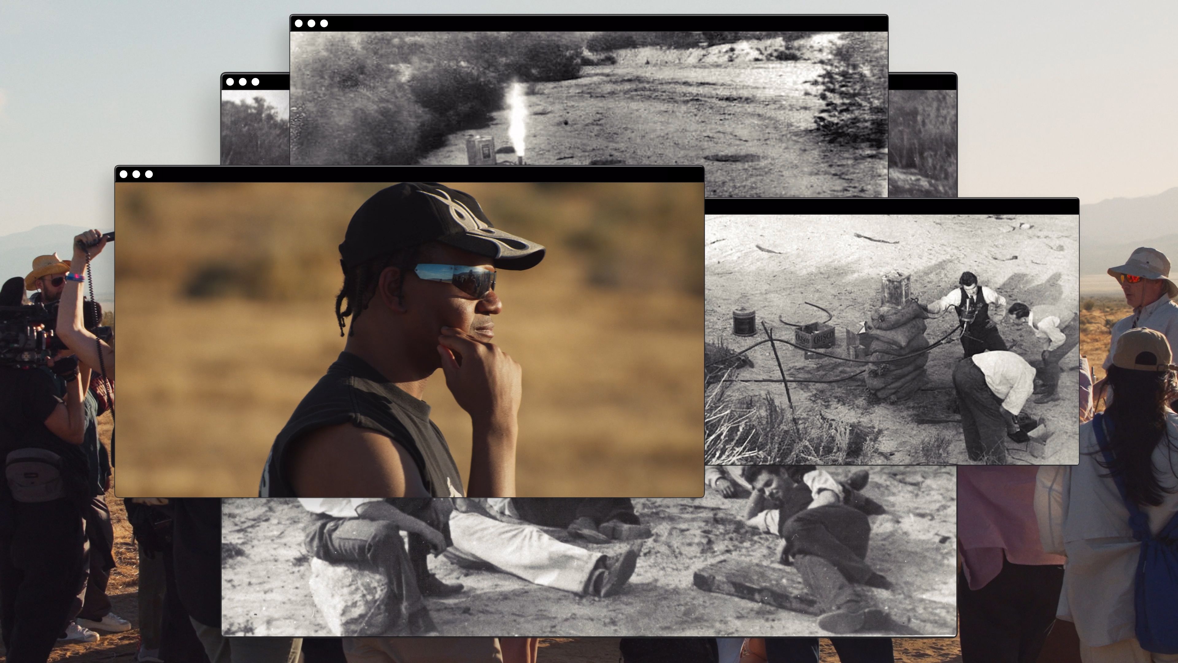 Overlaid images showing a person in a desert setting, paired with black-and-white historical photographs of a similar environment.