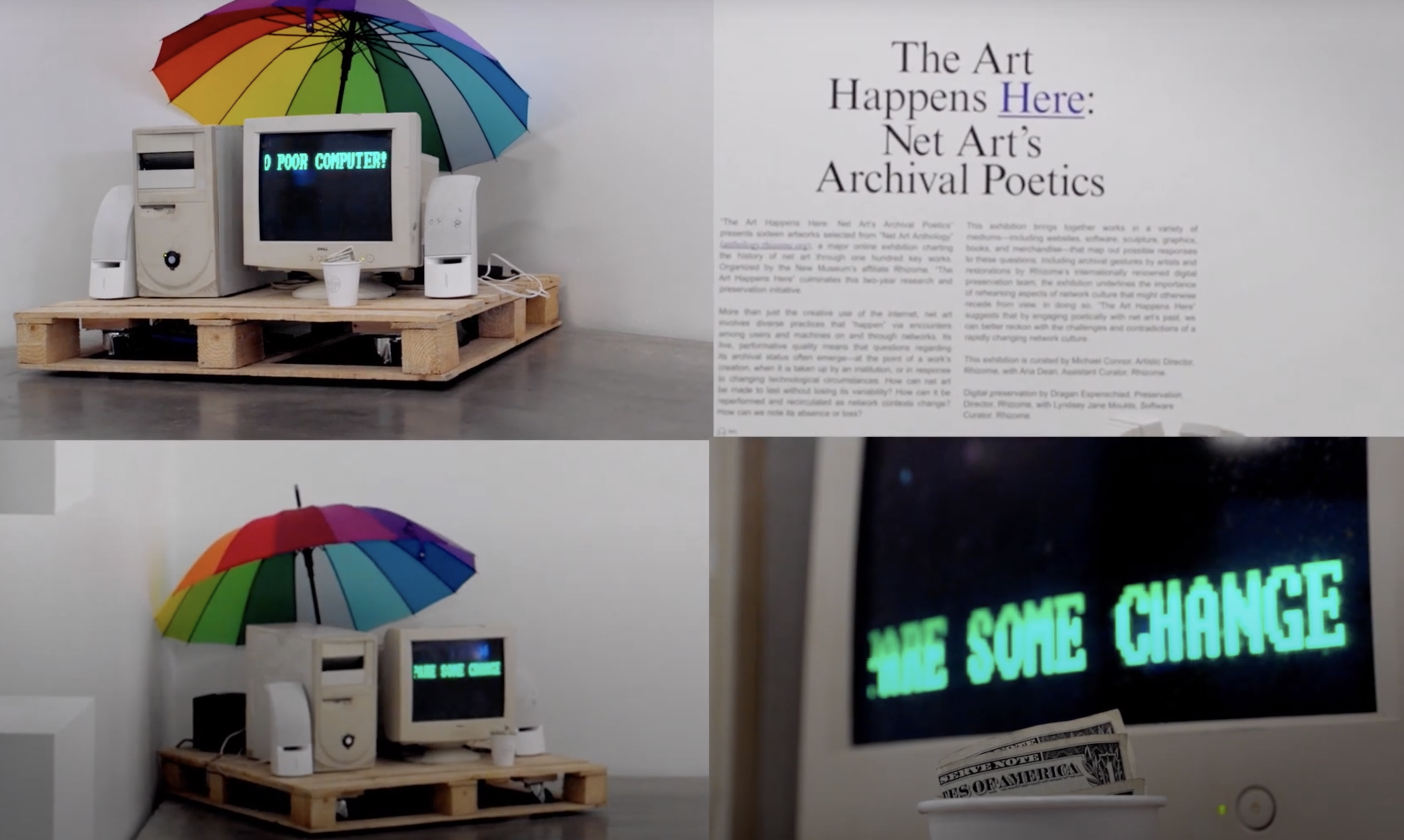 Four-part photo collage with top-left and bottom-left showing different angles of an art installation with a computer on a...