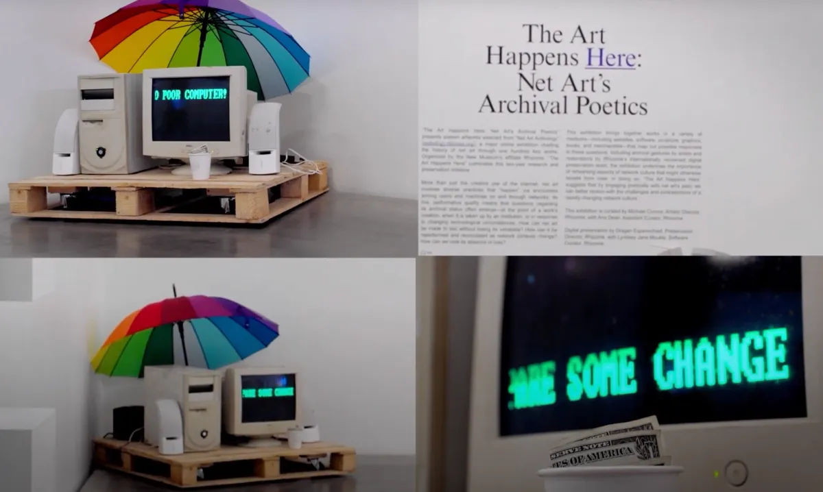Four-part photo collage with top-left and bottom-left showing different angles of an art installation with a computer on a wooden pallet topped with a colorful umbrella. The top-right photo shows a newspaper article titled "The art happens here: net art's archival poetics." The bottom-right picture features a computer screen displaying the green text "spare some change," with a dollar bill in a white cup in the foreground.