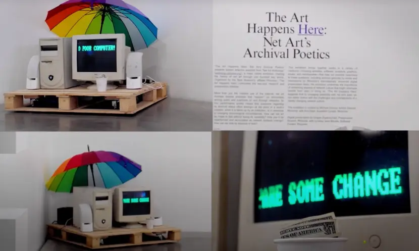 Four-part photo collage with top-left and bottom-left showing different angles of an art installation with a computer on a...