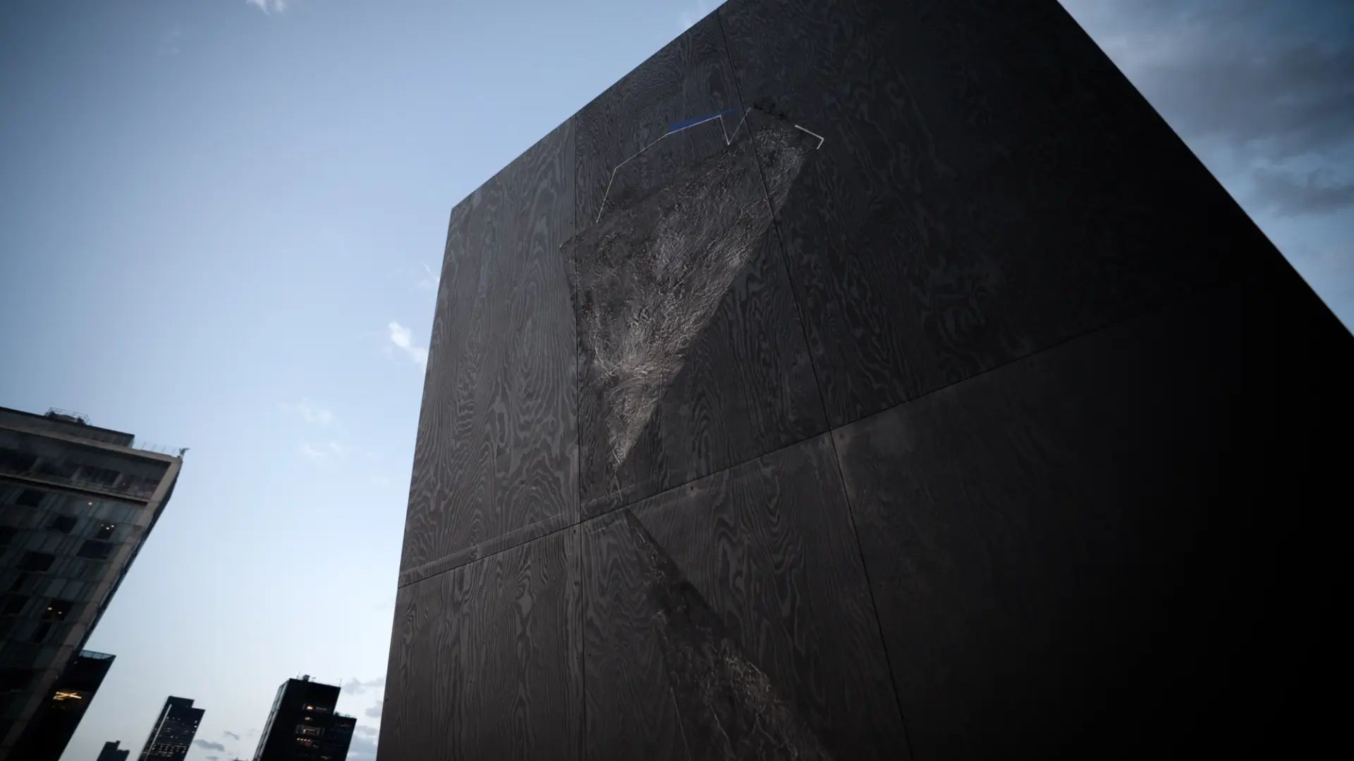 Close-up video footage of large-scale sculptural architectural artworks on the terrace of the Whitney Museum of American A...