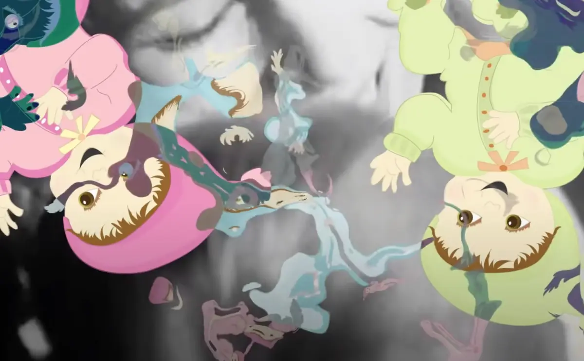 Two distorted cartoon-like figures, one colored in green and the other in pink, are playfully positioned upside down on a black and white photographic background.