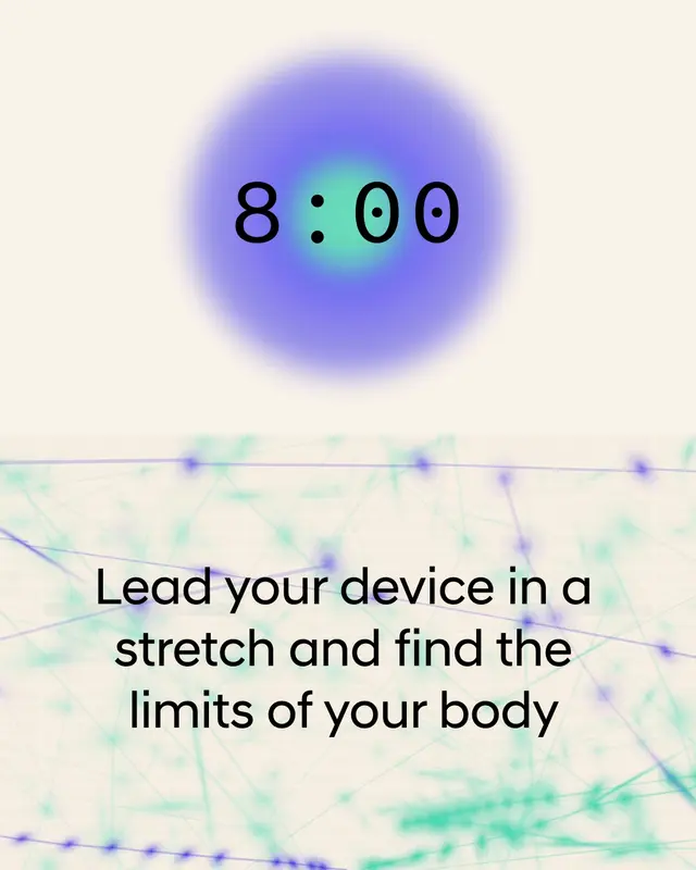 A digital graphic with two sections. The top half features a glowing circular gradient in purple and green with the time "8:00" displayed in large black numerals at the center. The bottom half has a light background overlaid with flowing, abstract lines and dots in purple, green, and pink. In the middle of this section, bold black text reads: "Lead your device in a stretch and find the limits of your body"