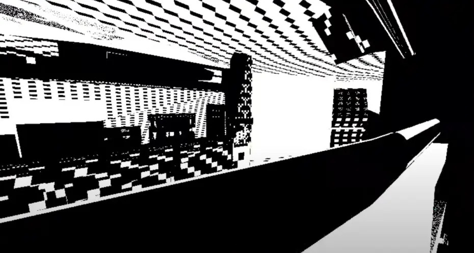 An abstract digital illustration in black and white showcases pixelated, unidentifiable forms creating a sense of mystery ...