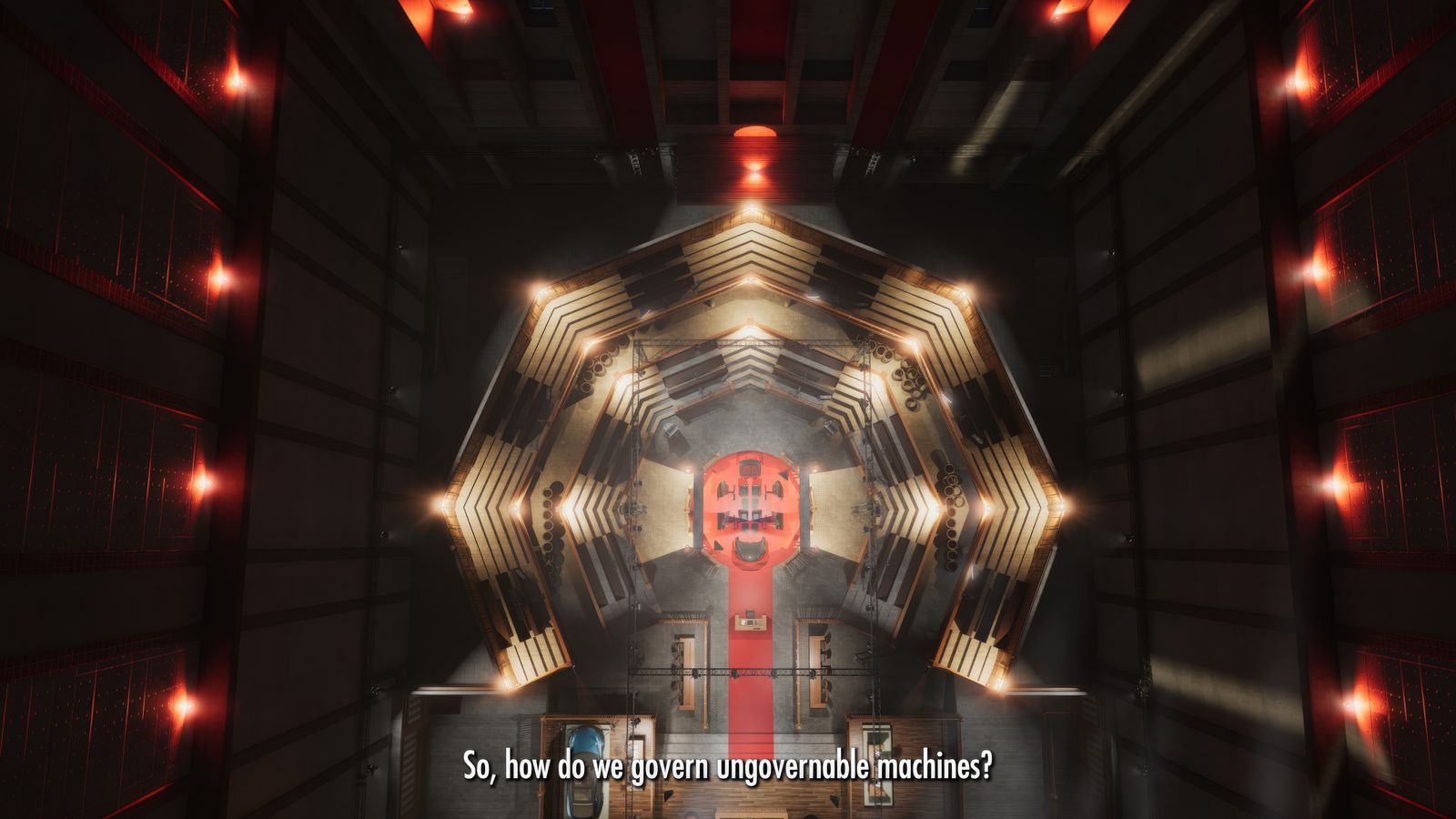 A dimly lit, octagonal high-tech courtroom viewed from above, with a central red-lit tribunal and the caption “So, how do we govern ungovernable machines?”