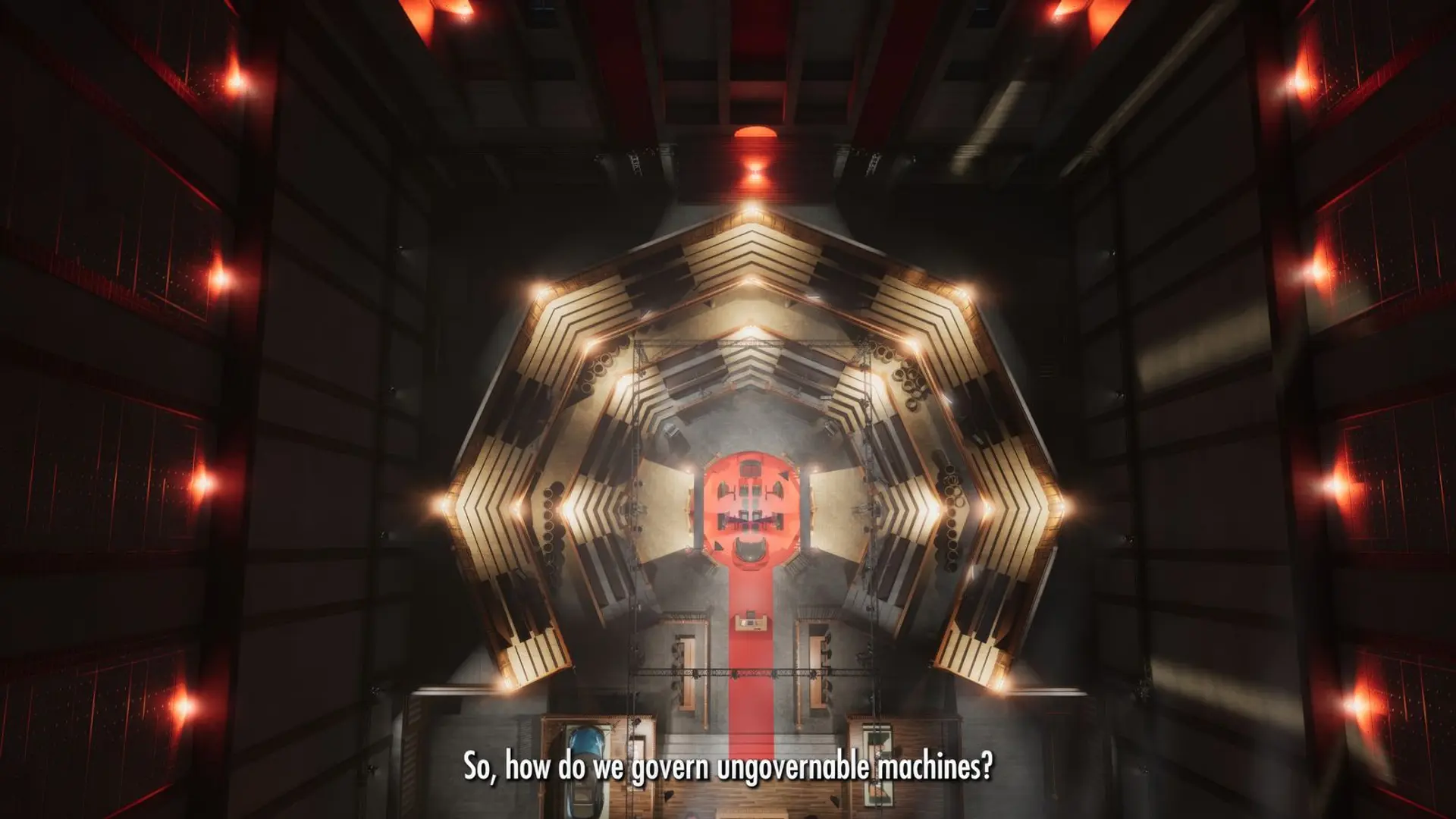 A dimly lit, octagonal high-tech courtroom viewed from above, with a central red-lit tribunal and the caption “So, how do we govern ungovernable machines?”