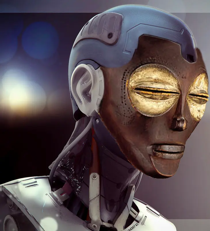 A detailed close-up view of an android with a peaceful expression and closed eyes.