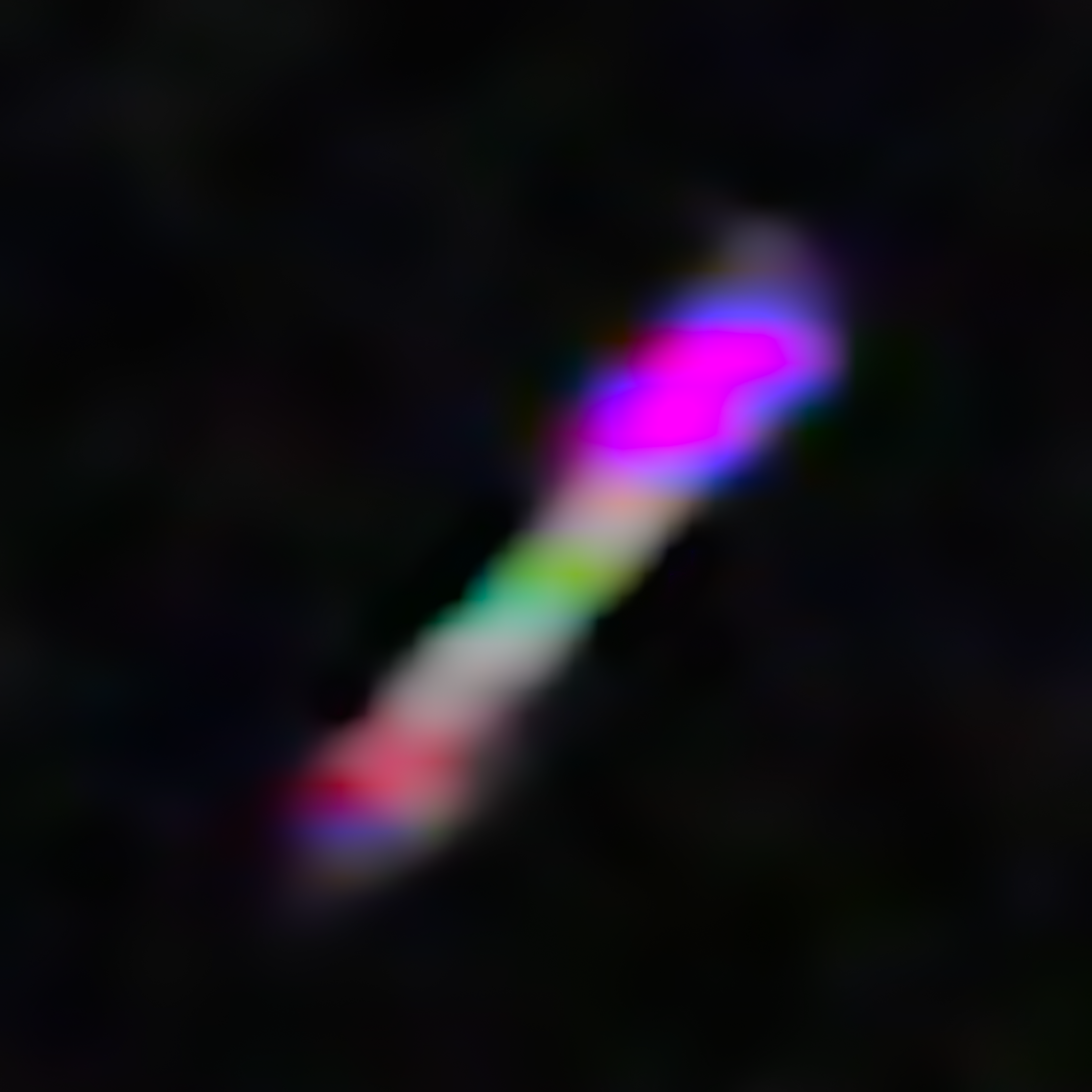 A blurry, multicolored form contrasts dramatically against a deep black background, creating a sense of vibrant movement a...