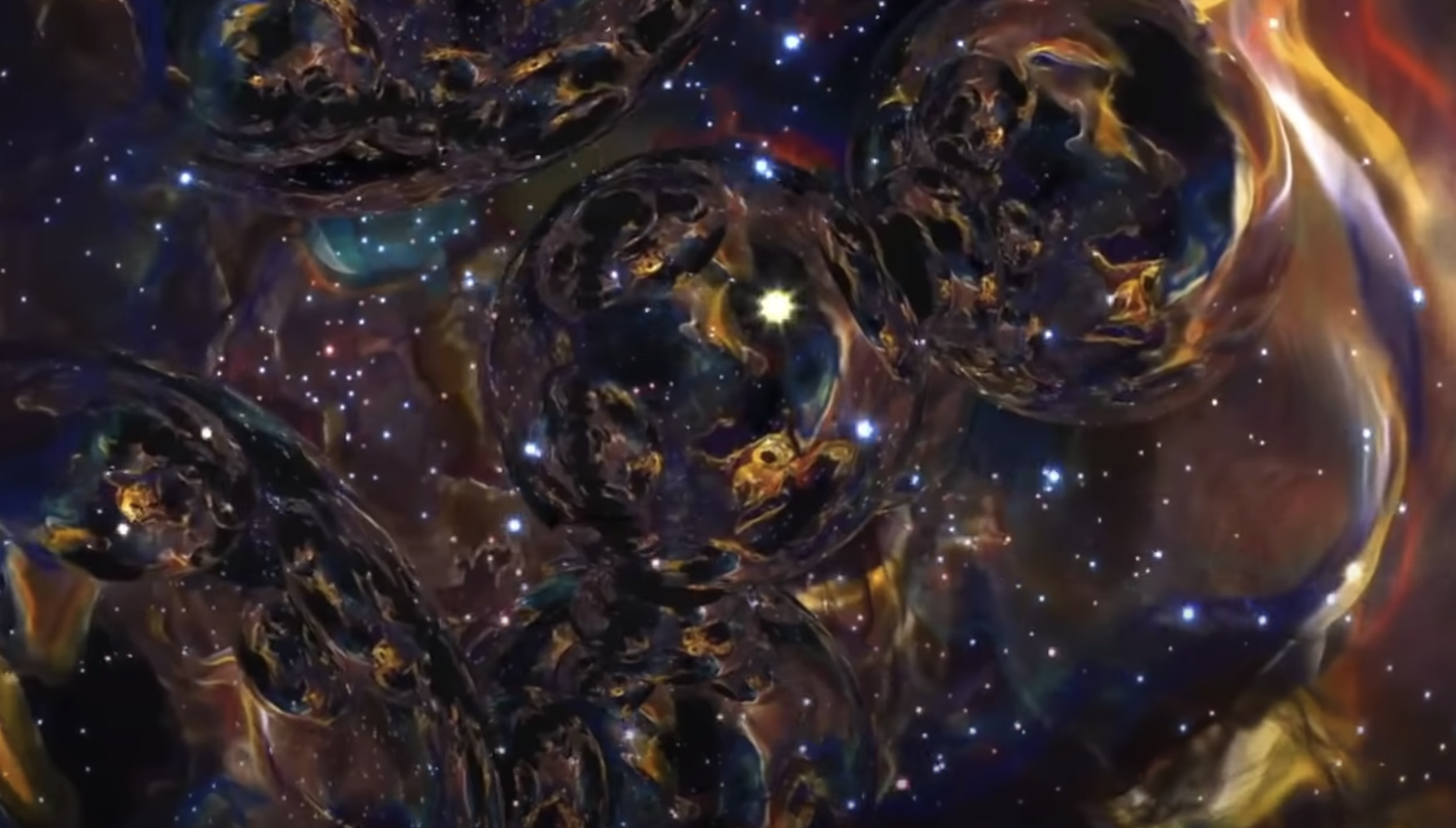 An abstract representation of the universe featuring colorful shapes and dots in hues of dark blue, violet, red, and yello...