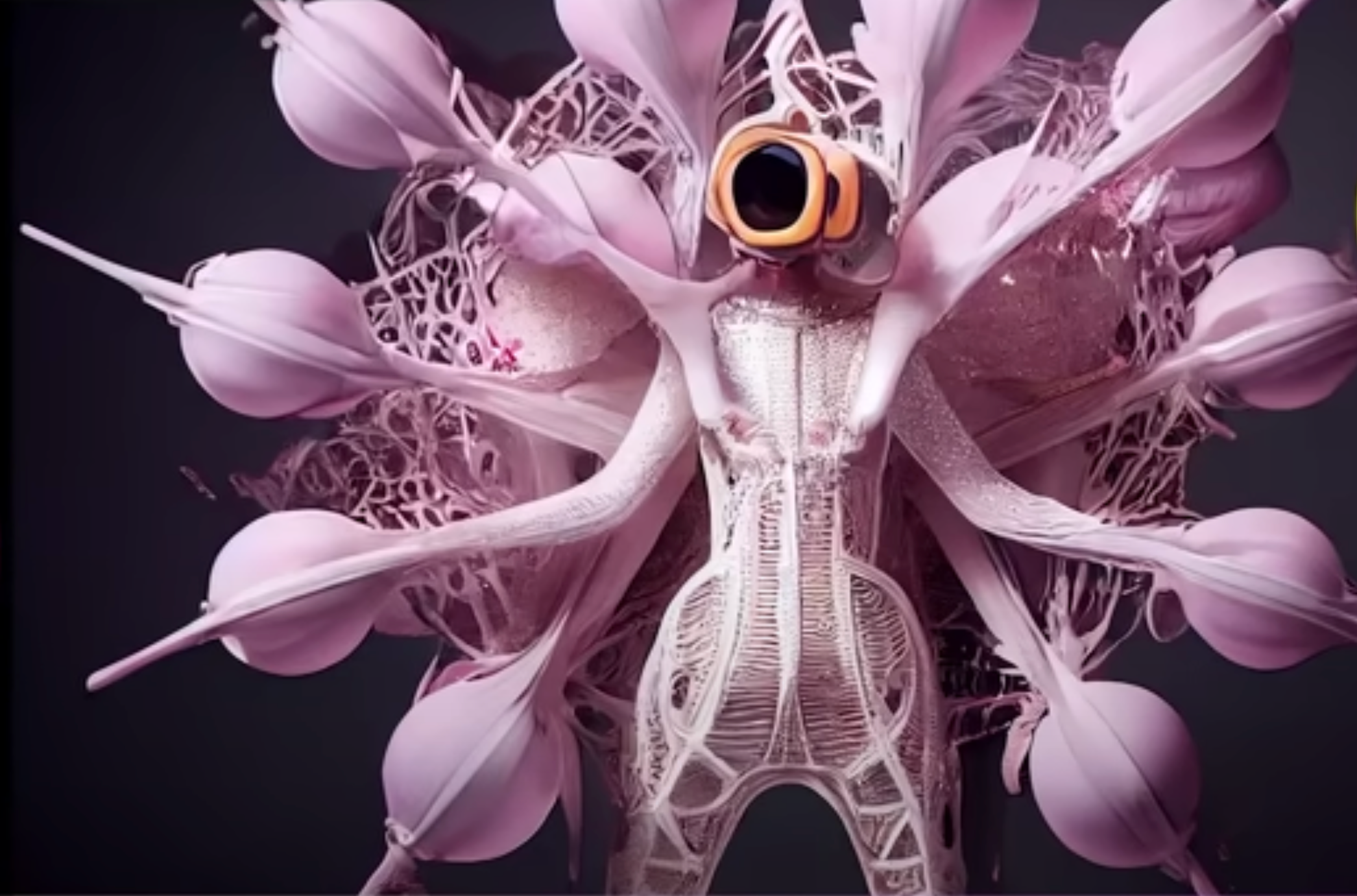 A pink, humanlike sculpture is embellished with an array of pink bulbs, standing alone in a minimalist setting.